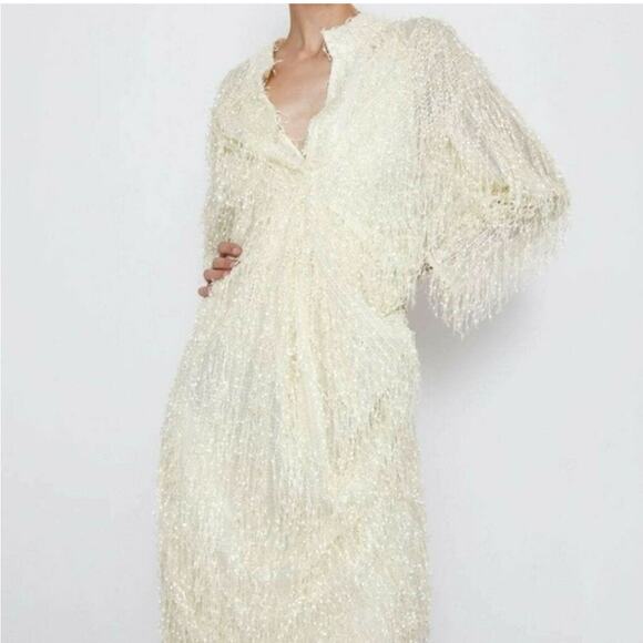 ZARA Textured Weave Fringe Sheer Midi Dress Cream Yellow Size XS - Picture 1 of 8